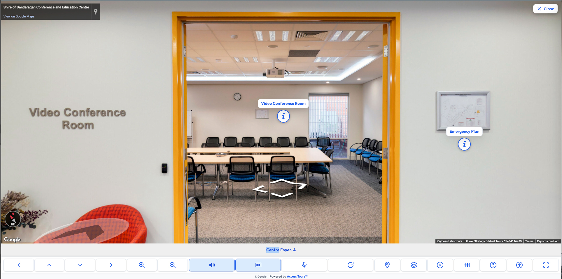 Access Tours overlay showing labelled points of interest, controls and access information over a Google Street View tour.