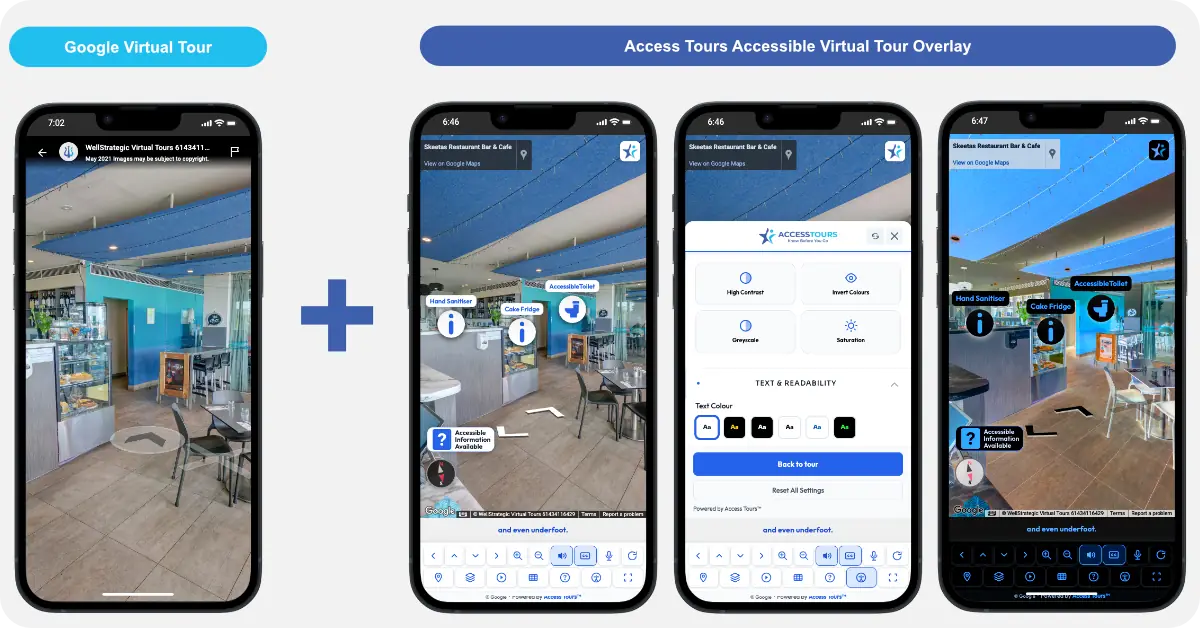 Side by side: a standard Google Virtual Tour on the left, and the same tour with the Access Tours accessible overlay on the right showing high-contrast, colour and text-readability controls plus labelled access points such as accessible parking, reception and accessible toilet.