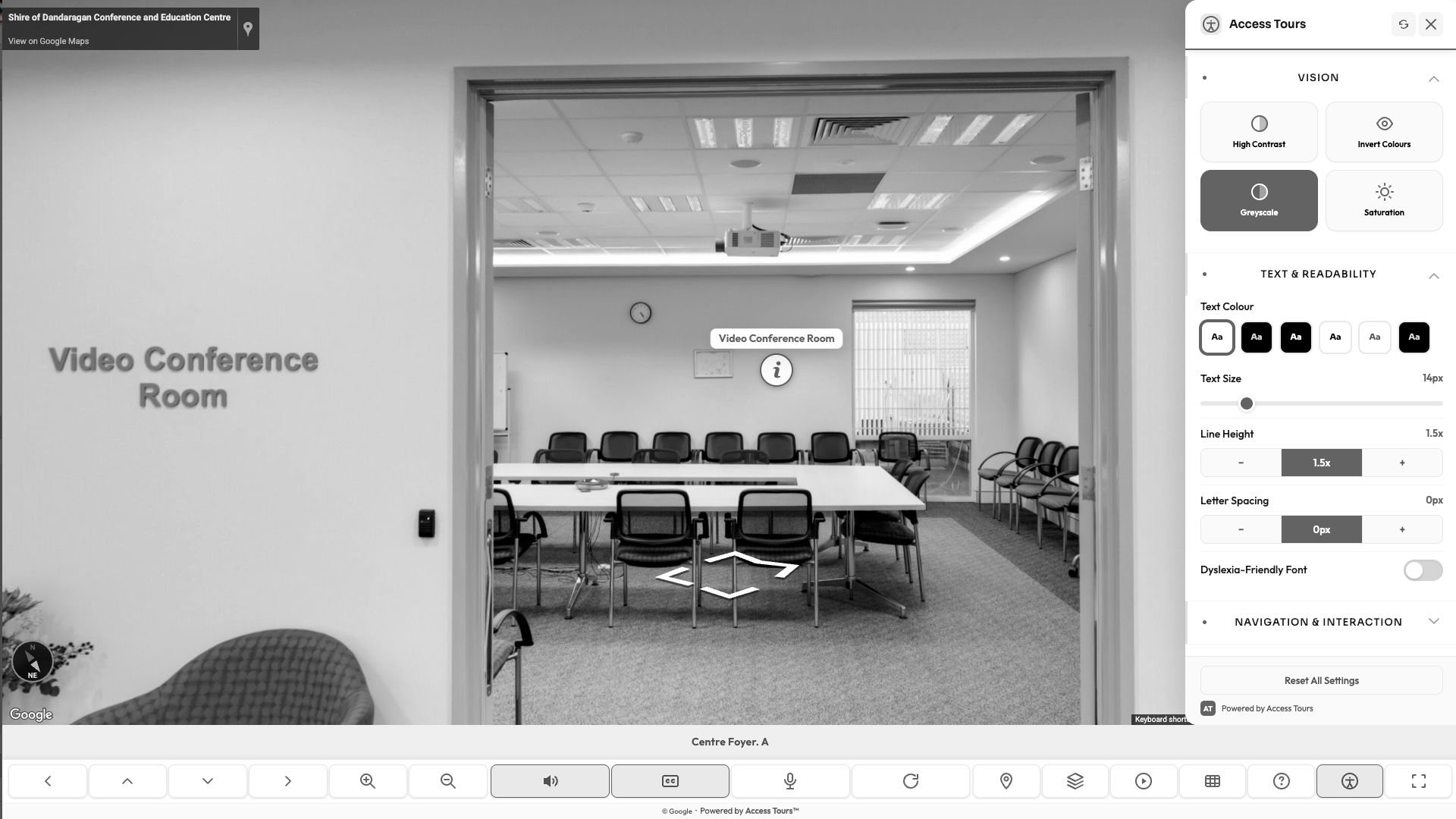 Access Tours™ greyscale mode applied to a virtual tour and accessibility settings panel.