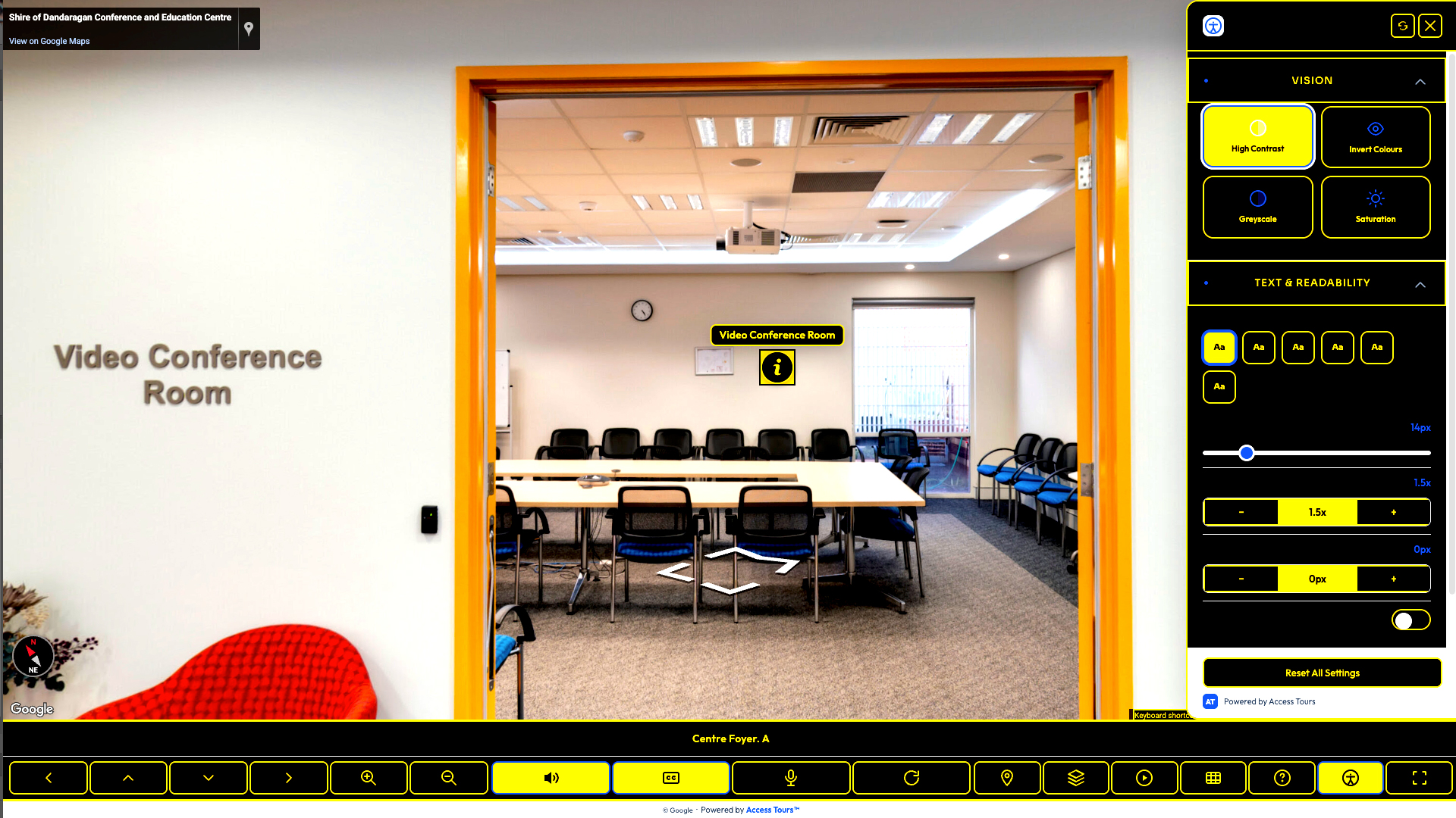 Access Tours™ high contrast mode with yellow and black controls for improved visibility.