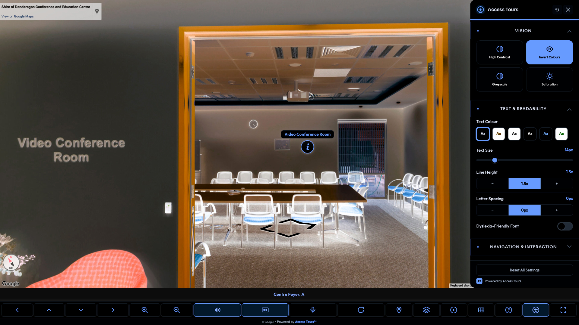 Access Tours™ invert colours mode applied to a virtual tour and accessibility settings panel.