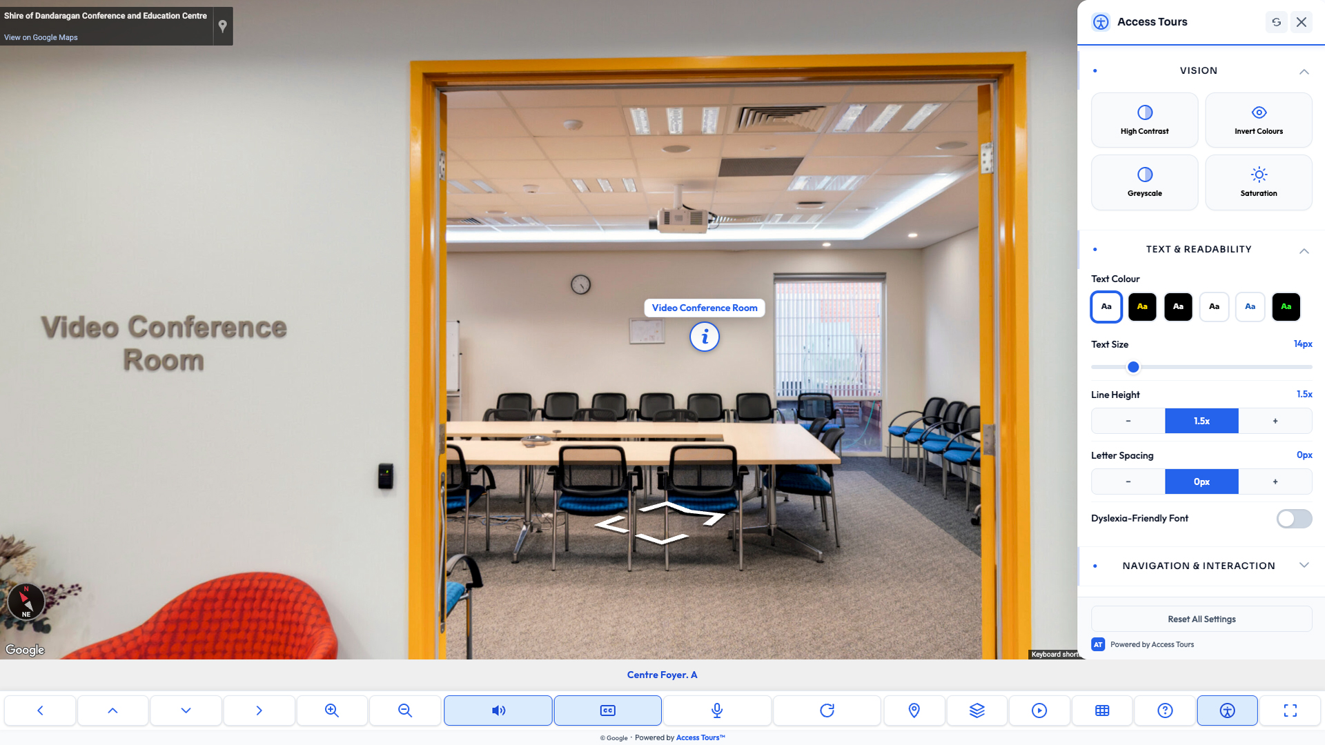 Access Tours™ overlay with accessibility settings panel, text controls, route controls and labelled points of interest over a Google Street View tour.