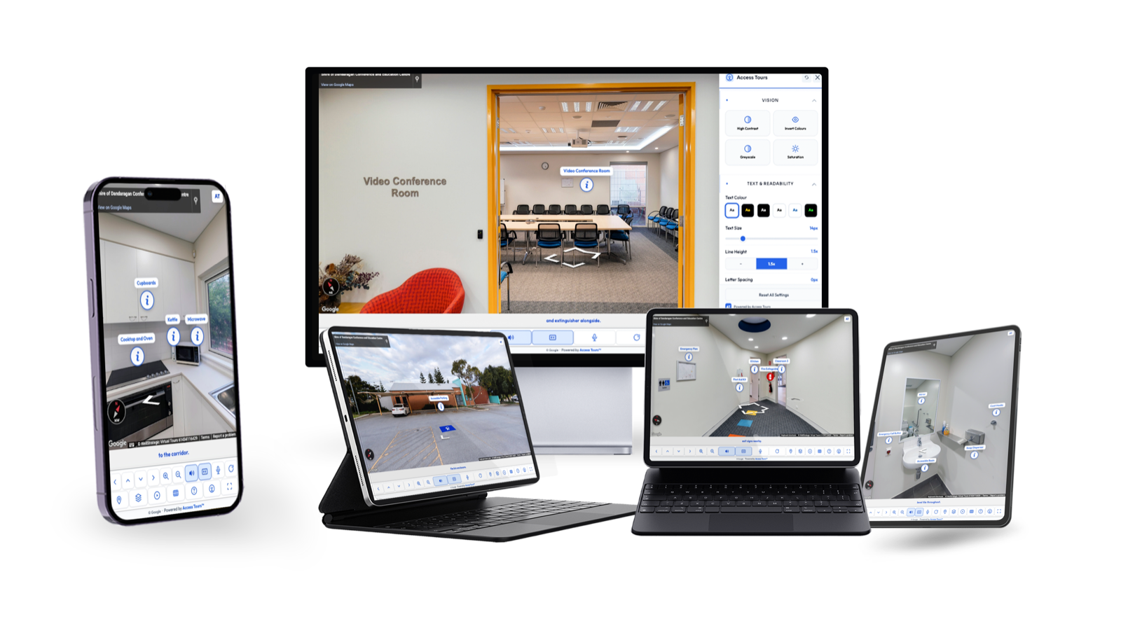 The Access Tours™ accessibility overlay across phone, monitor, laptop and tablet — high-contrast and text-size controls, labelled points of interest, voiceover and captions on the Shire of Dandaragan tour.
