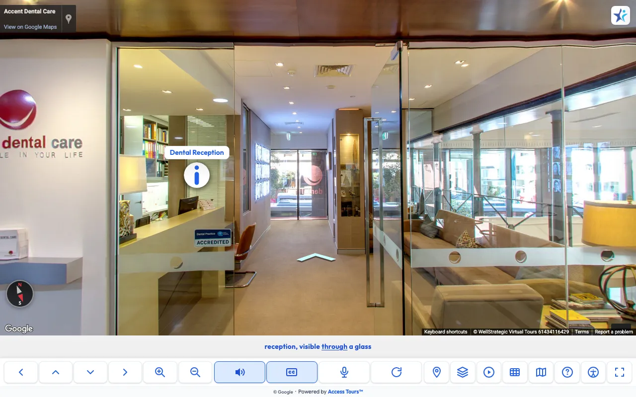 Preview of a live dental practice accessible virtual tour in Perth, showing the Access Tours overlay controls, captions and a labelled Dental Reception point of interest on Google Street View.